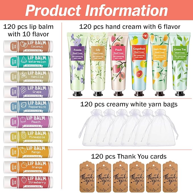 AZEN 120 Sets Bulk Gifts, Hand Cream and Lip Balm Bulk Set with Organza Bag Thank You Card, Baby Shower Wedding Gift for Guests, Bridal Wedding Favors for Guests, Mothers Day Gifts Stocking Stuffers