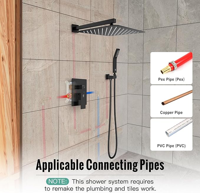 SR SUN RISE Matte Black Square Rainfall Shower Head and Handle Set, Wall Mounted Shower Fixtures, Metal Shower Faucet Trim Repair Kits (With Shower Valve) 16 Inches