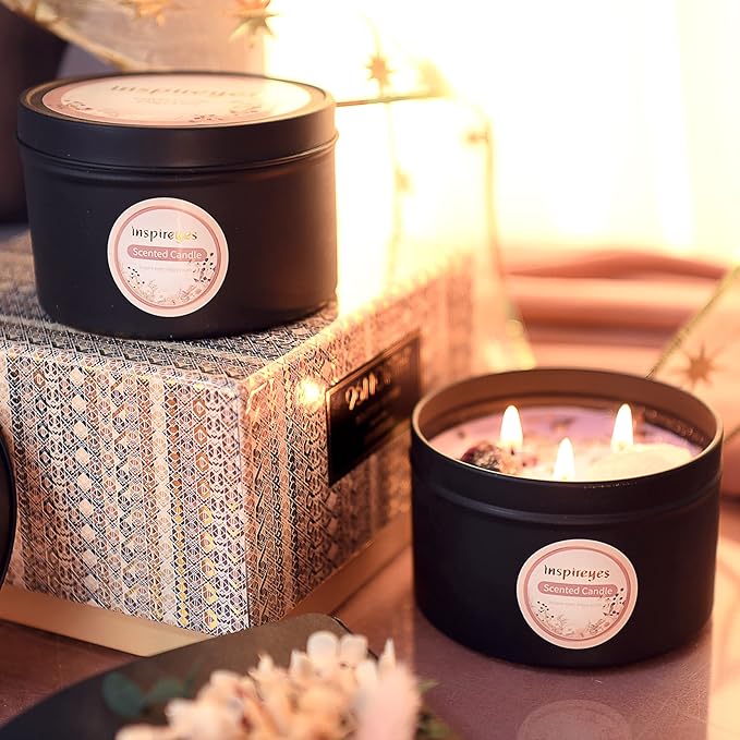 Inspireyes Scented Candles Set with Crystal, 3 Wick Candle 19 oz Soy Wax Aromatherapy Meditation Candles, Large Manifestation Candle with Large Energy Stones, Birthday Gifts for Women