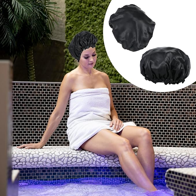 Ymapinc Reusable Shower Caps for Women Waterproof Hair Shower Cap Adjustable Hair Cover for Shower Large Black Layer Shower Bonnet for Girls Spa Home Salon Use