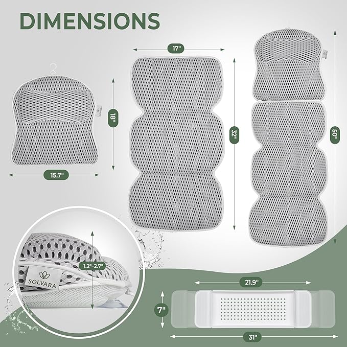 Full Body Bath Pillow for Tub with Free Bath Tray & Wash Bag – 2-in-1 Design | 5D Air Mesh, Detachable Headrest, Non-Slip Suction Cups, Machine Washable