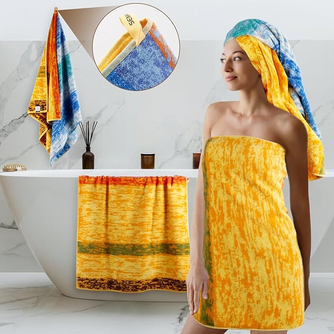 SEMAXE Colorful Striped Bath Towel, 100% Cotton Bath Towel with Hanging Loop, 55 x 27 Inch, Soft Absorbent & Quick Dry, for Bathroom & Travel