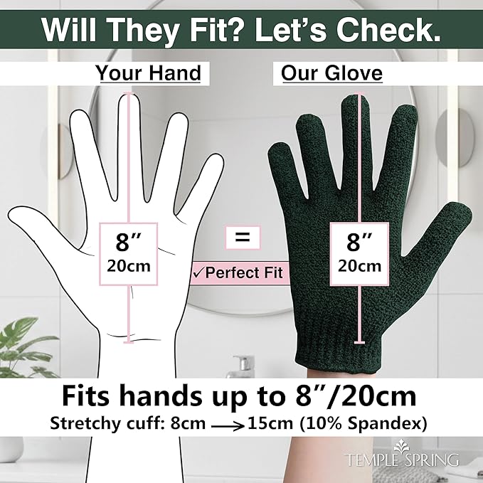 Temple Spring Shower Gloves Exfoliating for Women – Natural Textured Rayon Bamboo Exfoliating Glove with Thicker Weave for Deep Cleansing, Dead Skin Removal & Smooth Radiant Skin (1 Pair,Forest Green)