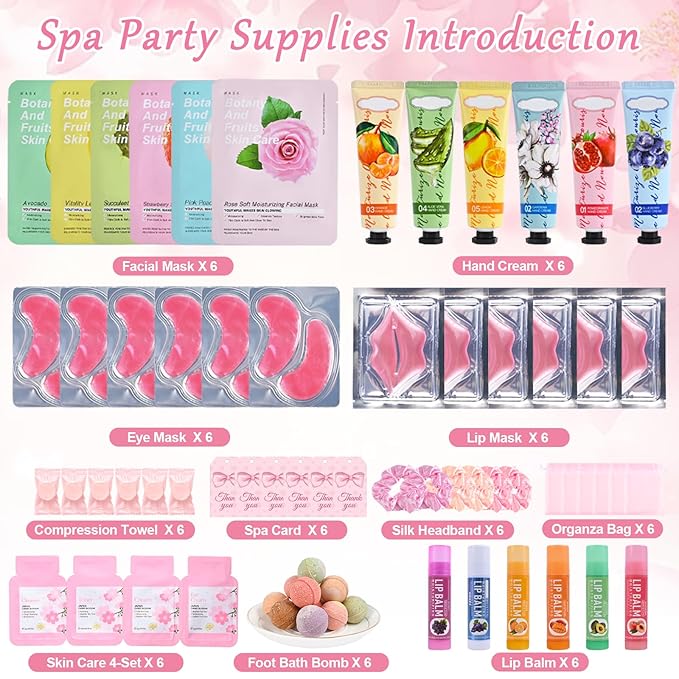 KYDA 84PCS SPA Party Supplies for Women, Face Mask, Hand Cream, Lip Balm, Under Eye Patches, Lips Mask, Skincare Set, Foot Bath Bomb and Hair Band, Spa Birthday Sleepover Party Supplies Slumber Party