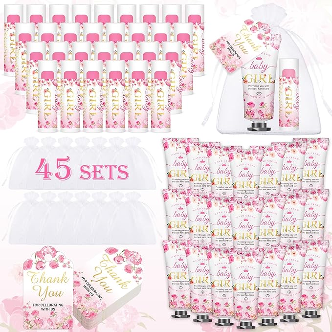 VISCOO 45 Sets Baby Shower Hand Cream and Lip Balm Gifts, Baby Shower Party Favors for Guests, Hand Cream Set for Bridal Wedding Thank You Gifts with Card Organza Bag, Travel Size (Girl)