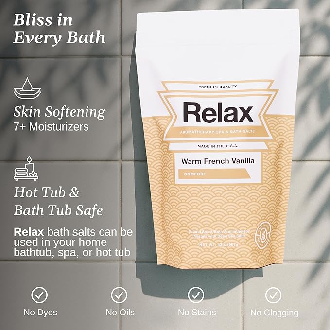 Relax Spa & Bath Aromatherapy Bath Salts for Hot Tub, Bath, or Spa, 2LB Bag Infused with Magnesium, Bath Salt for Soaking, Warm French Vanilla Scent