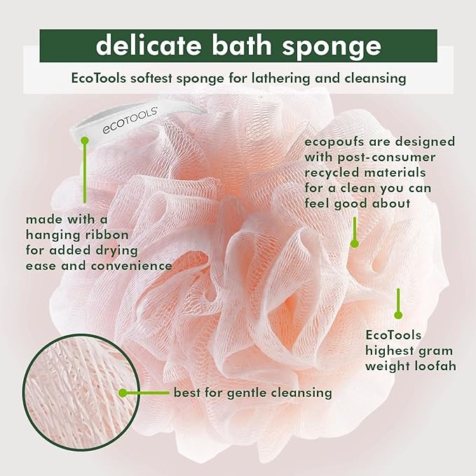 EcoTools Delicate EcoPouf Bath Sponge, Made With Recycled Materials, Exfoliating Bath Pouf, Loofah for Shower & Bath, In Assorted Colors, Green, White, Pink, and Gray, Perfect for Men & Women, 6 Count