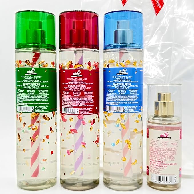 Bath & Body Works Milk Bar Collection 4-Piece Body Spray Gift Set | Includes: 8oz Cinnamon Pretzel Cookie, 8oz Raspberry Holiday Pie Bar, 8oz Cereal Milk Soft Serve and 2.5oz Birthday Cake
