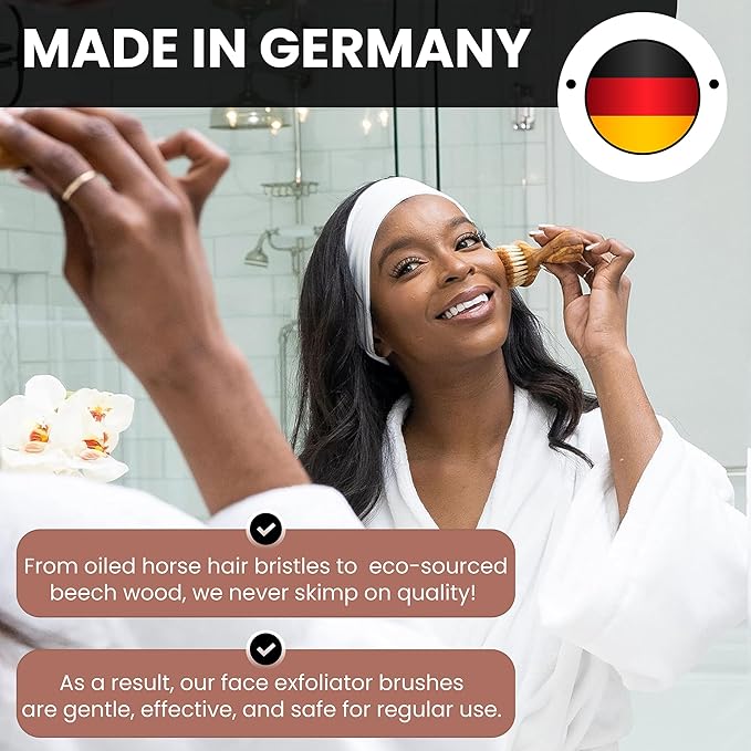 SHASH Made in Germany Hand Made Since 1869 First Cut 100% Boar Bristle - Exfoliating Face Brush, Scrub Cleansing Brush, Exfoliates Skin to Help Reduce Flaking, Fine Lines, Supports Glowing Complexion