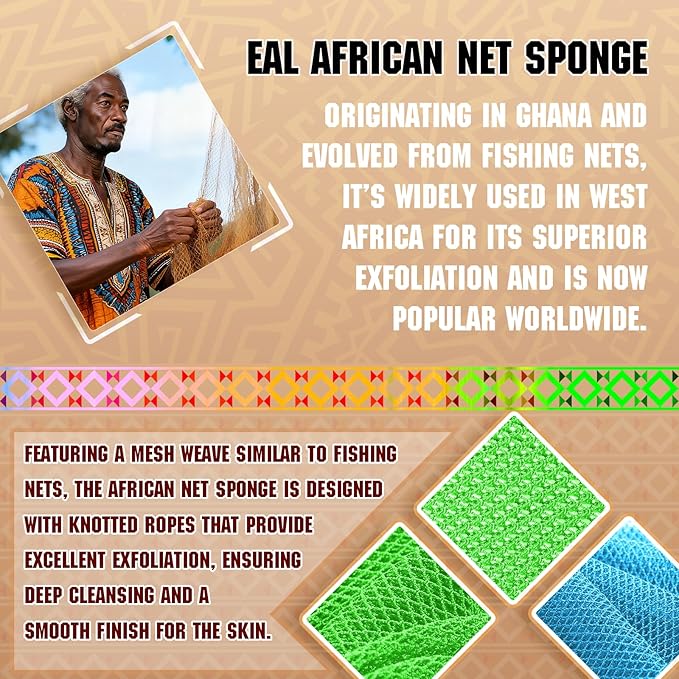 Authentic African Net Sponge - 2 Pieces Deep Clean Exfoliator - Premium Fabric, Gentle Exfoliation for Body & Shower Use (Blue & Green)