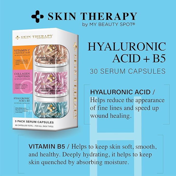 My Beauty Spot Facial Serum Capsules 3 Pack 90pcs Vitamin C Serum, Hylunaric Acid Serum, Collagen Serum for Face Anti Aging Anti Wrinkle Serum for Fine Lines