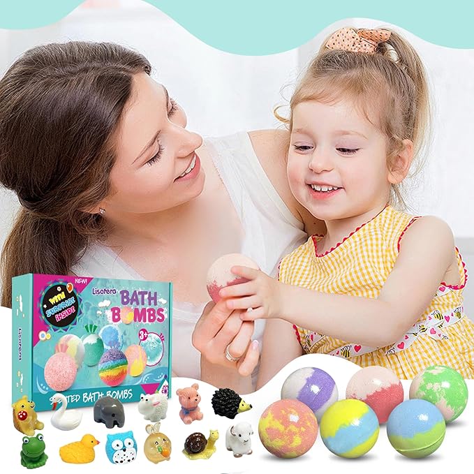 Bath Bombs for Kids with Surprise Inside, 12pcs Bath Bombs with Toys, Organic Colorful Bubble Bath Fizzy Ball, Easter Gifts Set for Kids, Birthday, Easter Basket Stuffers Gift for Boys Girls