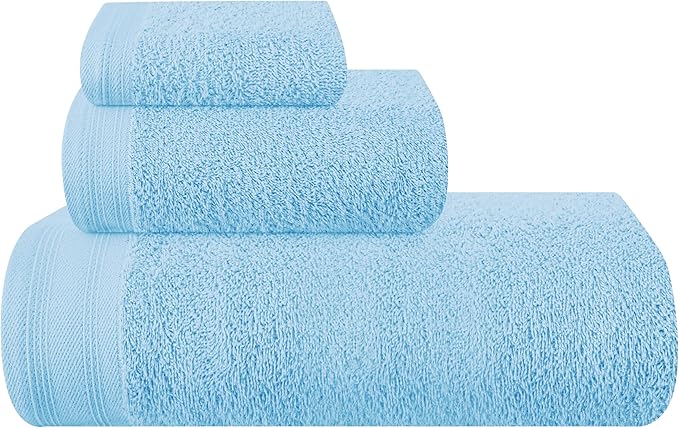 Ultra Soft 3 Pack Cotton Towel Set, Contains a Bath Towels 28x55 inch, a Hand Towels 16x24 inch & a Wash Coths 12x12 inch, Ideal Everyday use, Compact & Lightweight - Sky Blue, Medium
