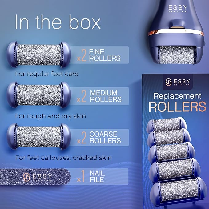 Essy Electric Foot File Hard Skin Remover with 5 Replacement Rollers Foot File Electric Pedicure Sets Cutters Accessories for Dry Dead Hard Skin Feet Callus Remover for Feet Care Exfoliator (Navy)