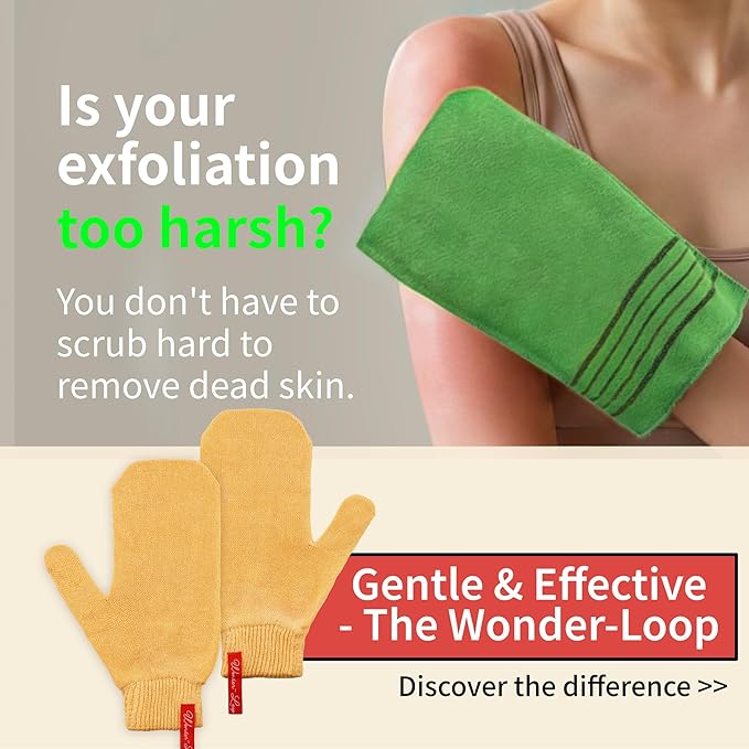 Wonder-Loop Premium Korean Exfoliating Mitt, 100% Plant-Based Viscose Wash Cloth Gloves, Gentle Dead Skin Remover, Loop-Science K-Spa Scrub, 2 Pack