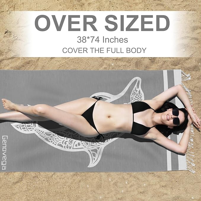 Genovega Oversized Cotton Turkish Beach Towels 72"x36" Lightweight Quick Dry Sandless Pool Swim Towel Large No Sand Compact Blanket Adult Travel Essentials Cruise Accessories Must Haves Grey Dolphin