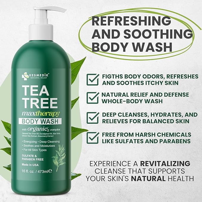 KESMEDIK Tea Tree Body Wash MaxTherapy, Itchy Skin Relief Soap, Soothes Jock Itch, Athlete's Foot, Acne, Eczema, Psoriasis & Sensitive Skin, Intimate Wash, Men & Women, 2-Pack, Original Edition