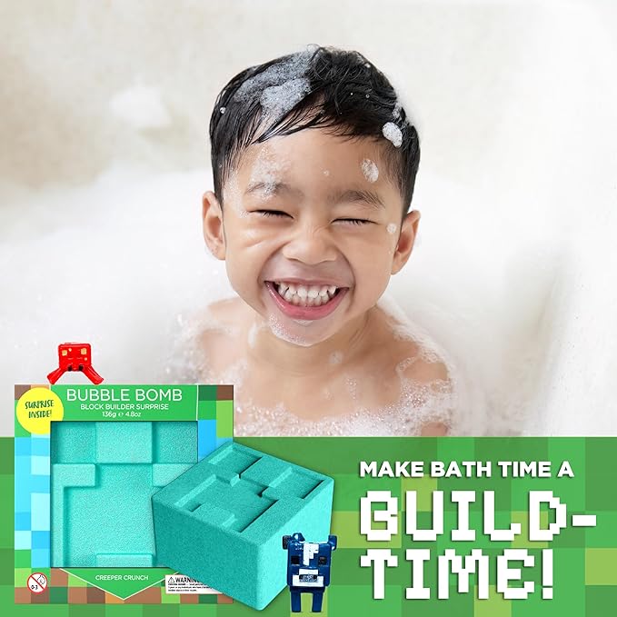 TNT Creeper Bath Bomb for Kids with Block Builder Surprise Toys Inside (1 Pack) – Large Fizzy Bubble Mine Bomb - Easter Basket Stuffers for Boys, Fruity Scent, Skin-Safe, Made in USA by Two Sisters