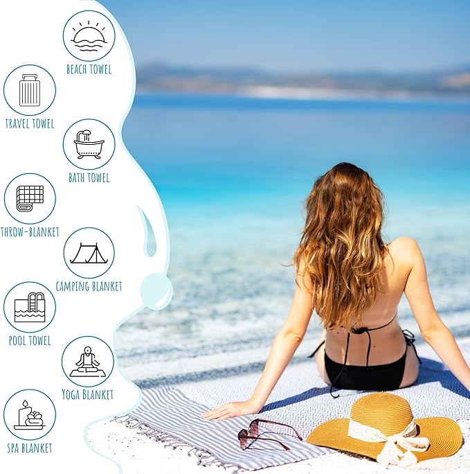 RAY SILVER Turkish Beach Towel – 100% Turkish Cotton 40"x71" Quick Dry Oversized Beach Towel Sand Free Lightweight Turkish Towel for Travel Camping Bath Sauna Beach Pool Gym Yoga