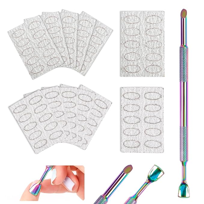 Dual Ended Cuticle Remover,Pre-Treatment Cuticle Pusher with 100#/240# Grit Sandpaper Sheets Pre-Treatment Cuticle Nail Tool for Salon & Home Use