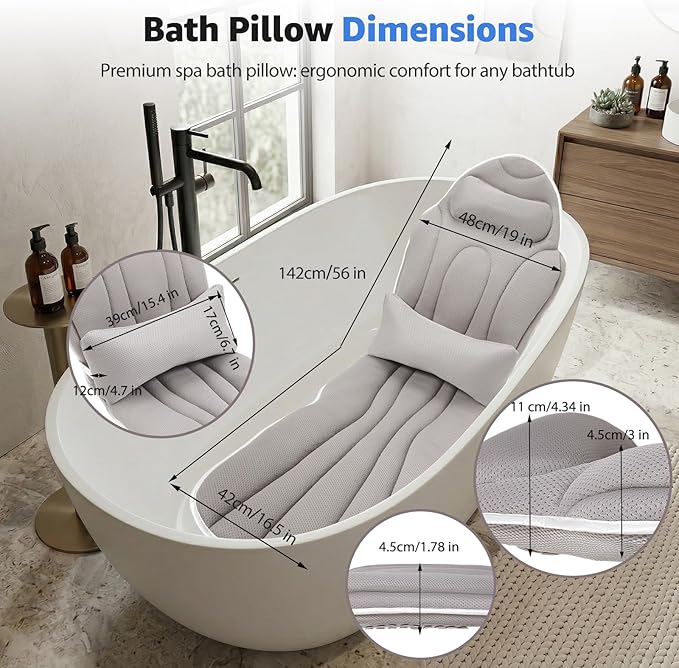 Full Body Bath Pillow for Bathtub, Thick 5D Air Mesh Luxury Spa Tub Cushion with Adjustable Lumbar Support, Extra Long Bathtub Pillow for Head and Neck Back, 192 Non-Slip Suction Cups, Gray, 56" x 19"