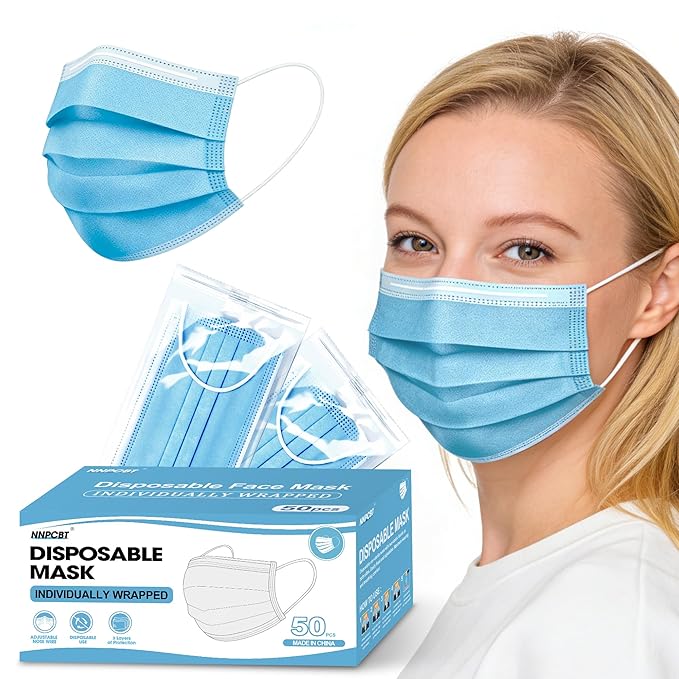 50pcs Individually Wrapped Masks, Blue Disposable Face Masks, 3 Ply Breathable Face Mask for Adults Indoor Outdoor