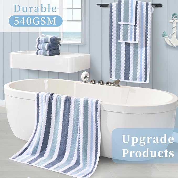 Striped Bath Towels (4PC, 28"x52") - Quick Dry | Absorb | Lightweight | 540GSM | Soft, Cotton Polyester Blend Bath Towels, Decorative Bath Towel with Hanging Loops, Blue-Grey Stripes + White Checkered