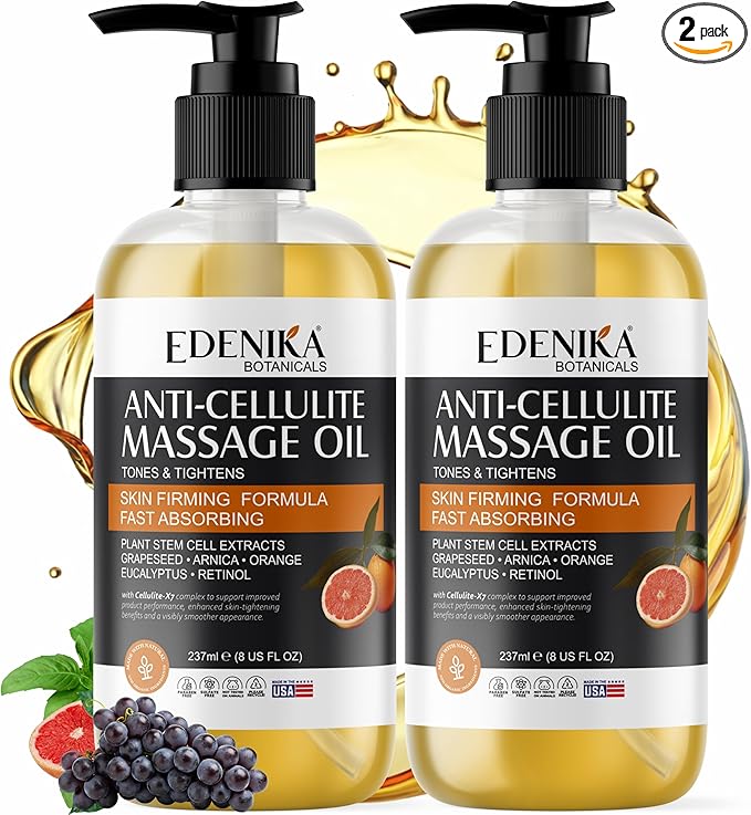 EDENIKA BOTANICALS Firming Anti Cellulite Massage Oil, Grapeseed Oil, Caffeine, Plant Stem Cells & Retinol, Supports Tighter, Smoother-Looking Skin on Body, Legs, Thighs & Buttocks, 2-Pack