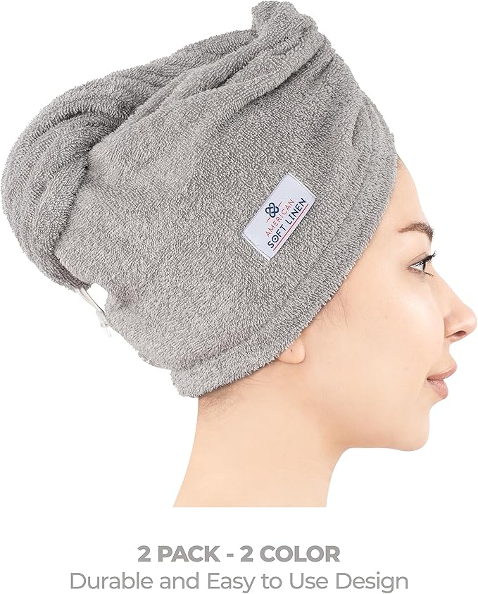 American Soft Linen 100% Cotton Hair Towels for Women, Head Towel Cap, Cotton Hair Turban Towel Wrap, Soft and Absorbent 2 Pack, Light Gray-Sky Blue