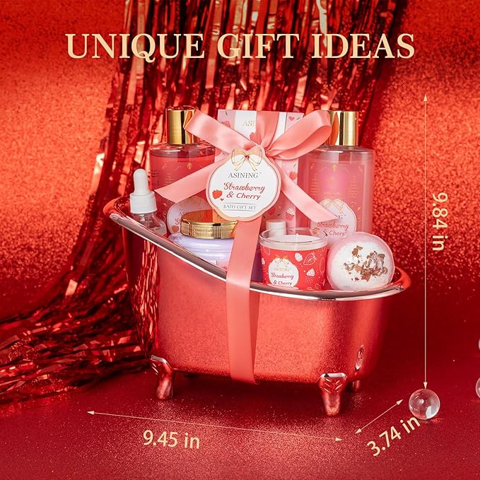 Gift Basket for Women, Strawberry Spa Baskets for Women Gifts, Beauty & Personal Care Set - Home Bath Pampering Package, Spa Self Care Kit, Teacher Appreciation, Thank You, Birthday, Mom Gift