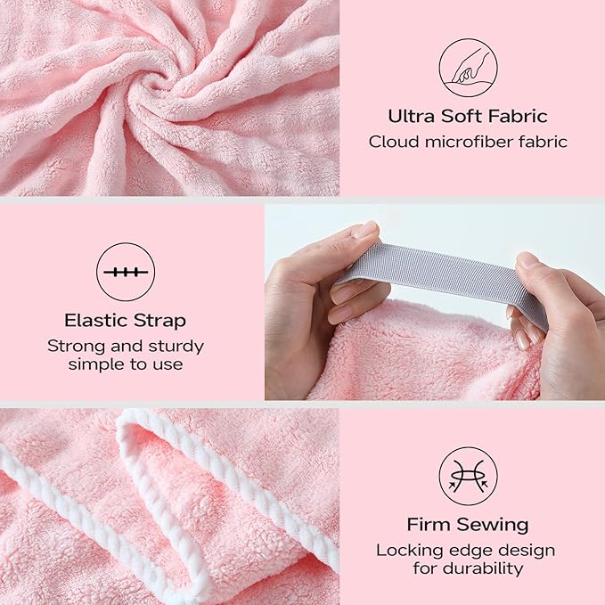 REDKISS 3 Pack Extra Large Microfiber Hair Towels with Elastic Strap - Quick Dry, Anti-Frizz Turbans for Long, Thick, Curly Hair