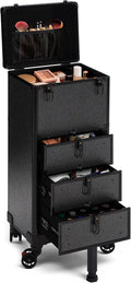 Rolling Makeup Train Case with 3 Drawers, Nail Trolley Cart Salon Station Cosmetology Case on Wheels Organizer Cases for Nail Tech,SPA,Face Painting,Hairstylist,Makeup Artist (Black)