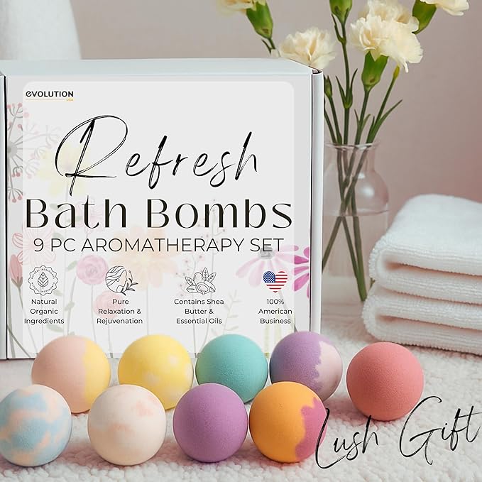 EvolutionUSA 9 Refresh Bath Bombs for Women – Lush Bath Bombs Mini Sized, Lush Womens Gift for Mother’s Day, Easter, Valentines, Birthday or Self Care, Organic Bathbombs Kids & Women, Bath Fun