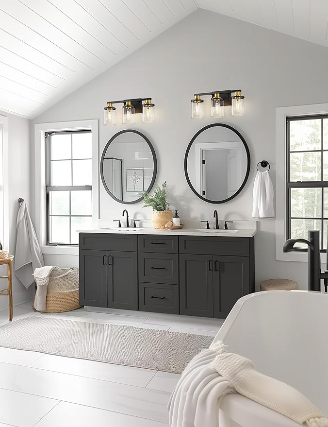 L LOHAS LED 3-Light Black and Gold Bathroom Light Fixtures, 20 Inch Modern Vanity Lights Over Mirror with Clear Glass Shade, Vanity Lights for Bathroom, ETL Listed