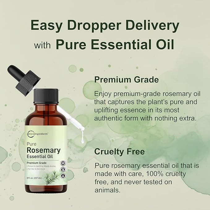 Micro Ingredients Rosemary Essential Oil for Hair, Scalp & Skin, 8 fl oz – 100% Pure & Natural with Dropper | Aromatherapy, Diffuser, Soap, Candle & Massage Use | Woody Herbal Aroma, Cruelty-Free