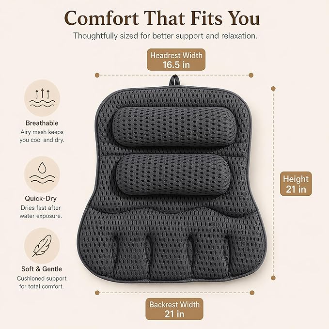 Luxury Bath Pillow for Tub, with 10 Strong Suction Cups, Non-Slip Bathtub Pillow for Head Neck & Back Support, Extra Large 21” Spa Bath Pillow, 4D Air Mesh Quick-Dry, Gift for Women(Grey)