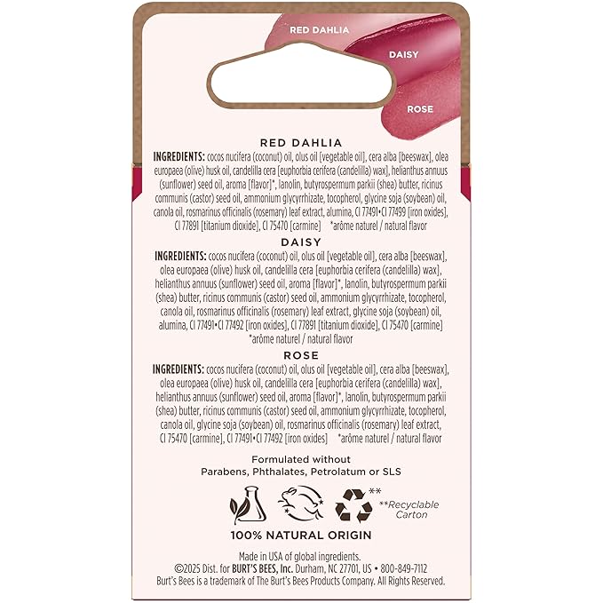 Burt’s Bees Tinted Lip Balm, Mothers Day Gifts, Value Pack Includes 3 Lip Balms: Red Dahlia, Daisy and Rose; 8 Hour Moisture; Nourishing Shea Butter; 100% Natural Origin; 3 Tubes