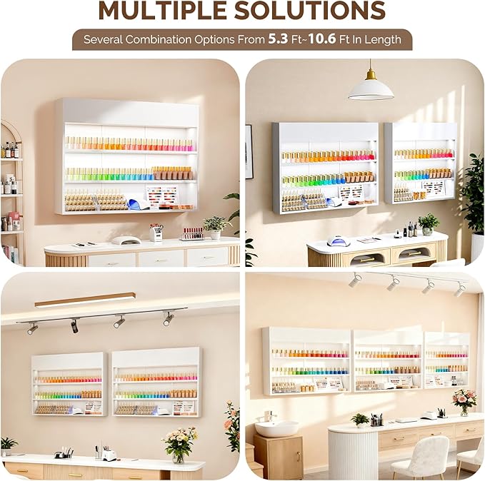 OmySalon Wall Mounted Display Rack, 47.6-Inch 3-Tier LED Nail Polish Organizer Shelf with USB Touch Control, for Nail Salon, Spa, Beauty Studio Storage, Wooden Retail Display (White)