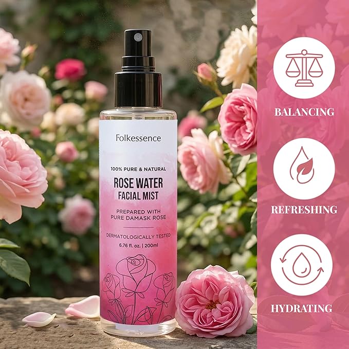 Folkulture Rose Water Spray for Face - Hydrating Face Mist & Hair Spray | 100% Natural, Alcohol-Free Skin Care & Makeup Setting Spray with Damask Rosewater| Agua De Rosas para La Cara - 6.76 Fl Oz