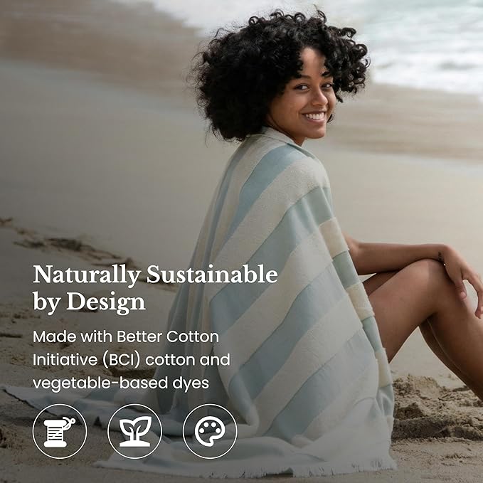Lightweight Turkish Beach Towel - 100% BCI Cotton, Unbleached Raw Fringe, Oeko-TEX Certified, Absorbent, Eco-Friendly, 36x66”, Sea Green & Natural Stripes, Portable Sarong Blanket for Pool, Travel