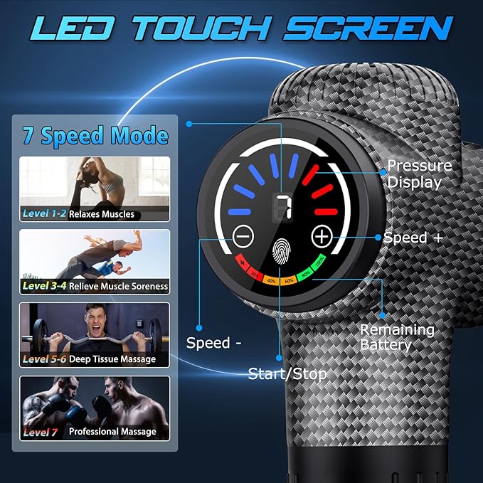 TOLOCO Massage Gun, Back Massager 10 Replacement Head for Pain Relief Deep Tissue, Percussion Massage Guns 7 Speed Level Super Quiet Electric Massager Mothers Day Gifts, Carbon