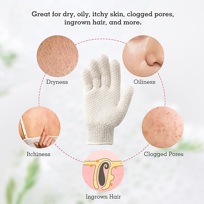 Evridwear Exfoliating Glove Shower Gloves Exfoliate Dead Skin for Dry Sensitive Skin No Irritation with Hanging Loop (White Gentle Exfoliation)