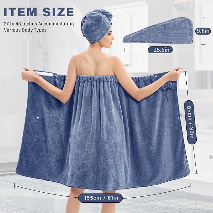 Bath Wrap Towels for Women – Adjustable Spa Shower Wrap with Super Absorbent Microfiber, Quick-Dry Body & Hair Towel Set for Home, Hotel, Beach, Pool, Gym, Travel – Blue