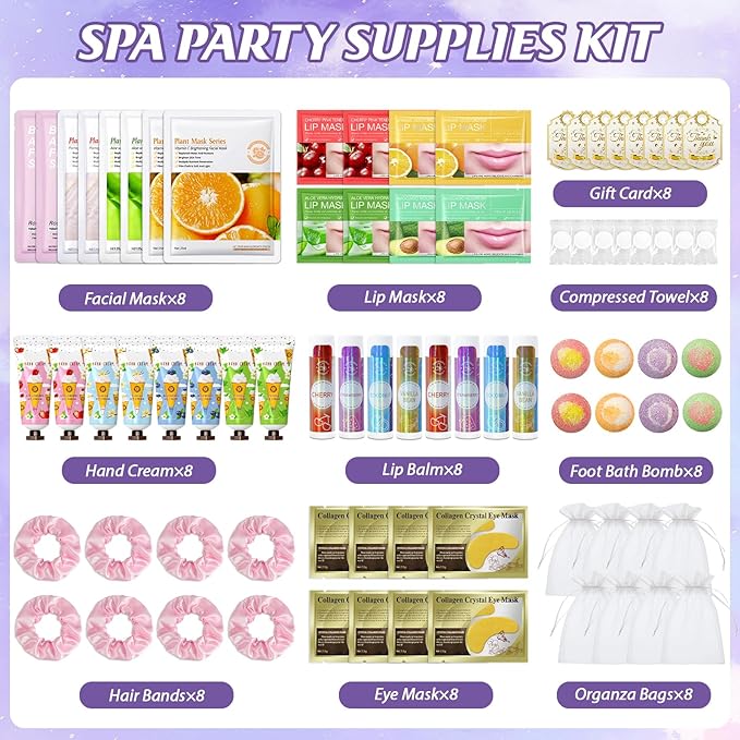 80PCS Spa Party Favors, Include Face Masks, Lip Balm, Hand Cream, Under Eye Patches, Lip Mask, Foot Bath Bombs, Hair Bands,Sleepover Spa Party Supplies,Birthday Kit for Women Girls Gift Skincare Set