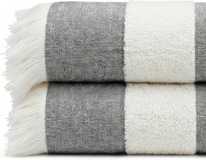 Lightweight Turkish Beach Towel - 100% BCI Cotton, Unbleached Raw Fringe, Oeko-TEX Certified, Absorbent, Eco-Friendly, 36x66”, Black & Natural Stripes, Portable Sarong Blanket for Pool, Travel
