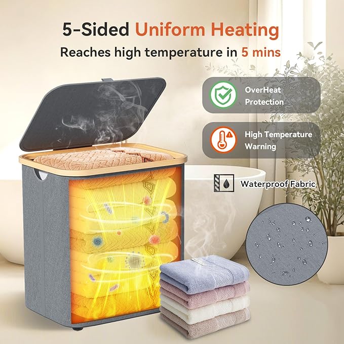 Towel Warmer & Laundry Basket 2-in-1, Foldable Towel Warmer for Bathroom with Removable Heating Bag, 20/40/60Mins Fast Heating, Auto Shut-Off, Fits 3 Large Towels Blankets, Ideal Xmas Gift
