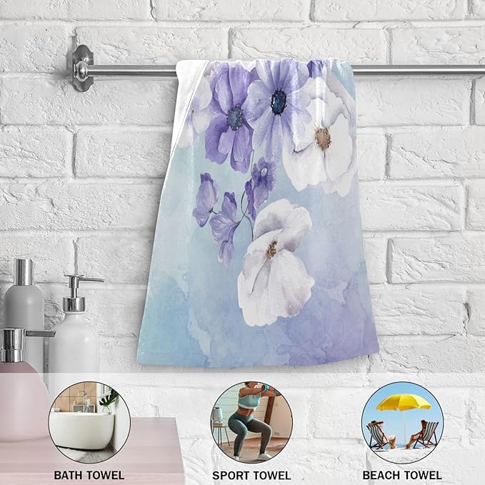 Purple White Violet Floral Hand Towels for Bathroom Set of 2,Watercolor Vintage Flower Bouquet Decorative Bathroom Towels for Bath,Face,Hair,Soft Absorbent Dish Towels for Kitchen 28"x14"
