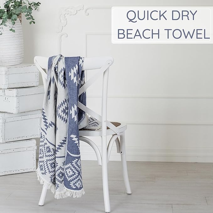 Premium Turkish Beach Towel – 100% Cotton, Quick Dry, Sand Free, Oversized Pool Towels 35”x 67” – Ideal for Travel, Pool, and Beach – Dark Blue