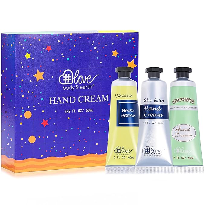 BODY & EARTH # LOVE Hand Cream Gift Set, Mothers Day Gifts for Mom, Mini Moisturizing Hand Lotion with Vitamin E for Dry Hands Cream Travel Size, Nurse Week Gifts, 3 x 2 OZ