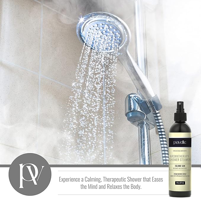 Pavelle Aromatherapy Shower Steamer, 100% Natural Relaxing Essential Oil Spray Mist for Sinus & Congestion Relief, Spa, Sauna & Bath Gift Set for Women & Men, Made in The USA, Island Sun, 8 Fl.Oz.